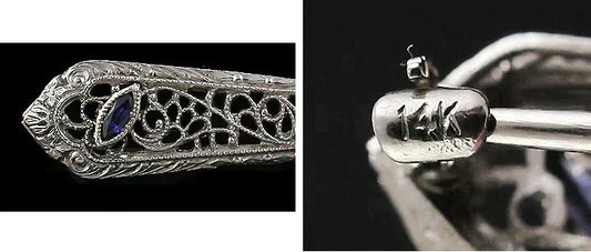 Antique 14K White Gold Diamond Sapphire Filigree Pin c1910 Brooch