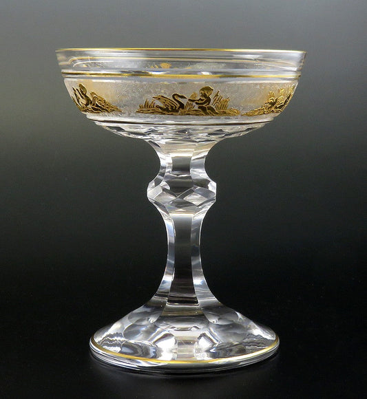 8 Gilded Crystal Glass Val St Lambert Danse de Flore Champagne Saucers/Goblets