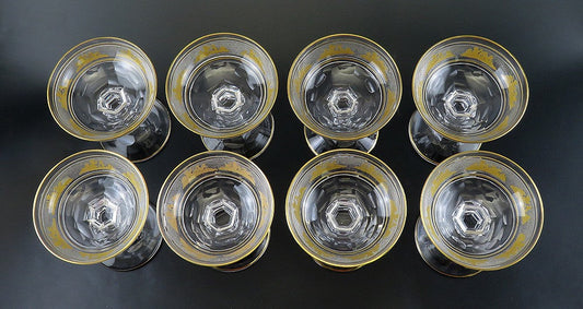 8 Val St Lambert Danse de Flore Gold Crystal Glass Champagne Saucers/Goblets