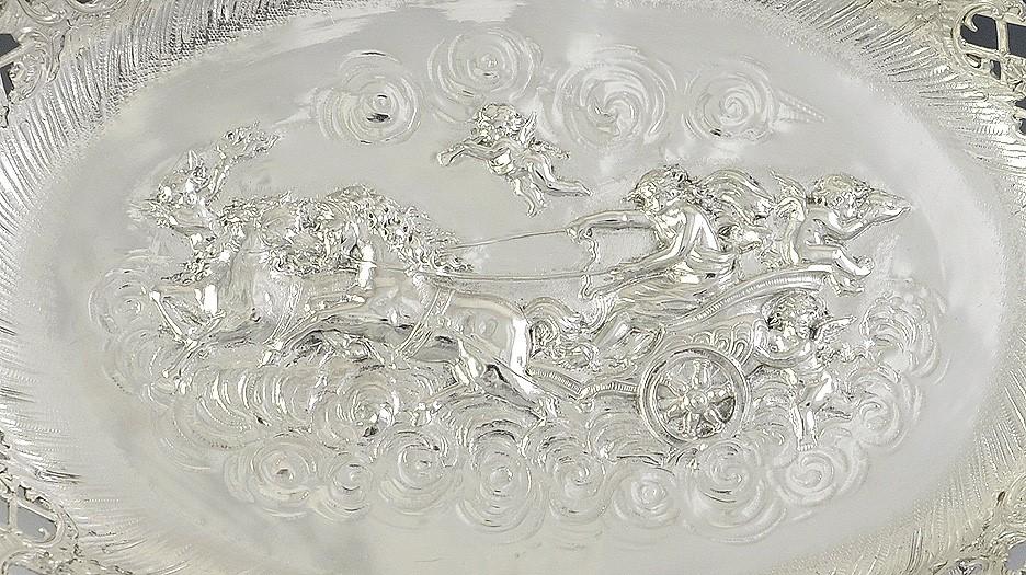 Antique c1890 Art Nouveau German Silver Chariot Cherub Dish/Bowl 11.5" x 8.75"