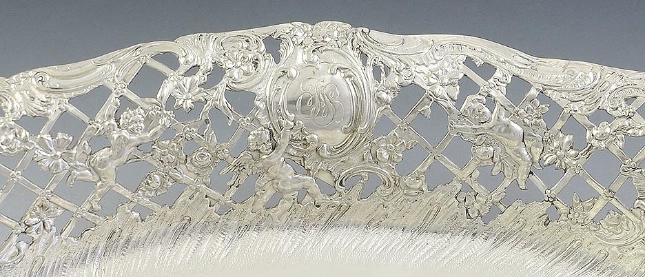 Antique c1890 Art Nouveau German Silver Chariot Cherub Dish/Bowl 11.5" x 8.75"