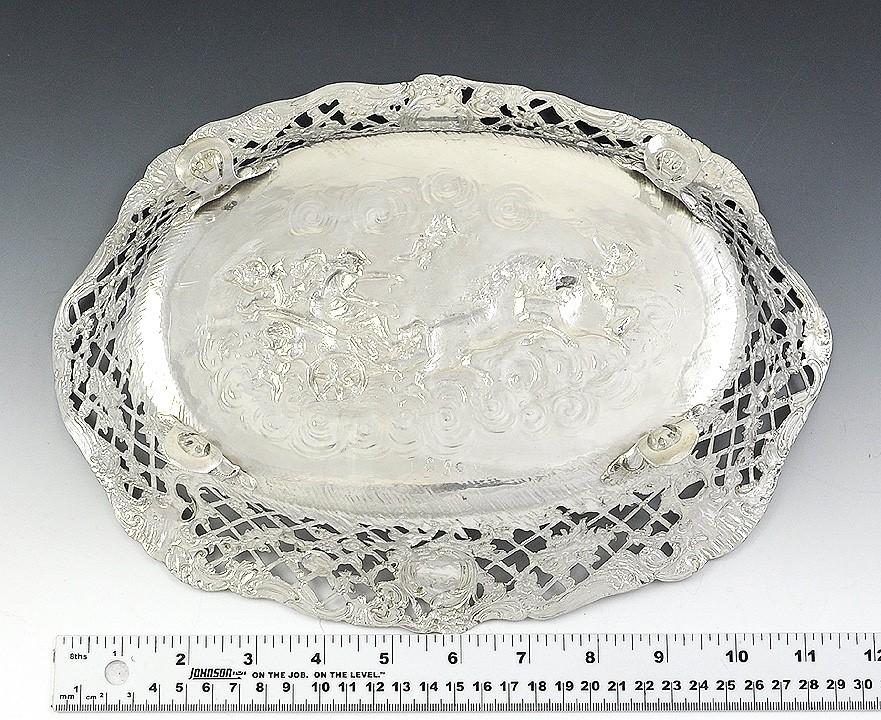 Antique c1890 Art Nouveau German Silver Chariot Cherub Dish/Bowl 11.5" x 8.75"