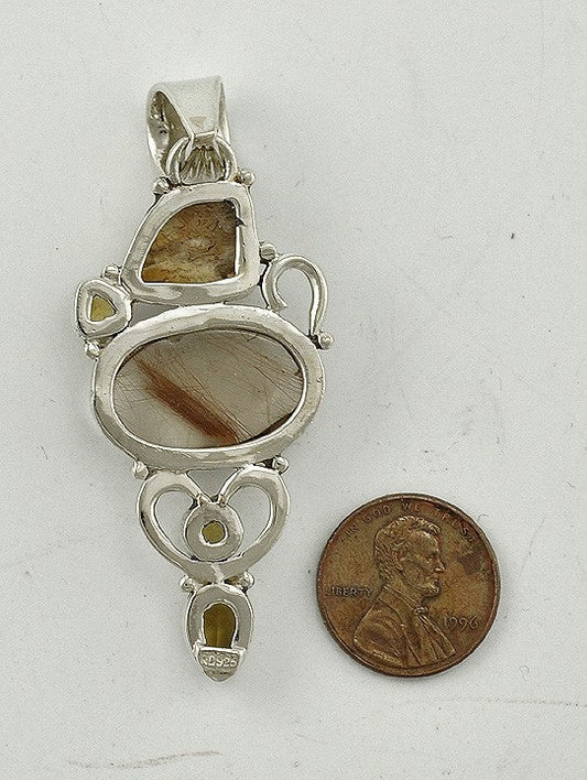 Lovely Sterling Silver, Genuine Citrine, Rudalite and Agate Stone Pendant