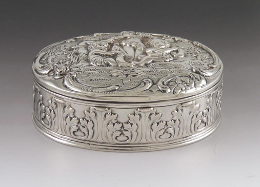 Antique c1895 European 800 Silver Hand Chased Repousse Cherub Vanity Trinket Box