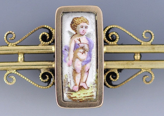 Charming c1850s-70s Victorian Enamel Cherub 14k Gold Bar Pin