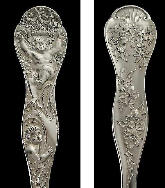 Ornate Art Nouveau American Silver Cherub Flower Serving Spoon 9"