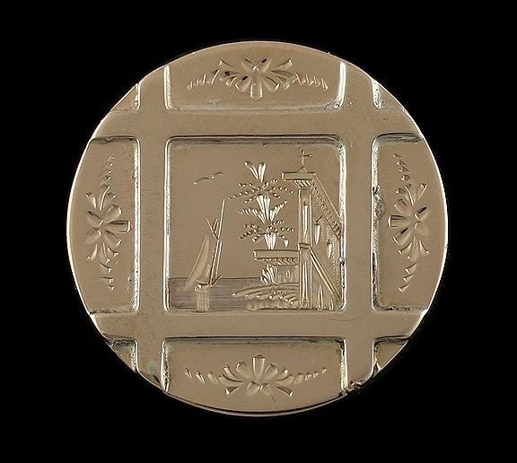 Victorian 10K Gold Engraved Harbor Scene Disk Earrings