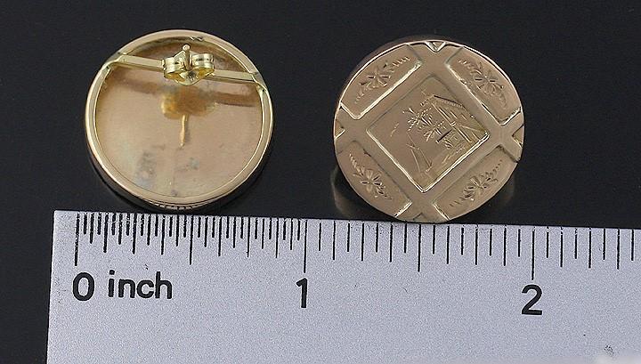 Victorian 10K Gold Engraved Harbor Scene Disk Earrings