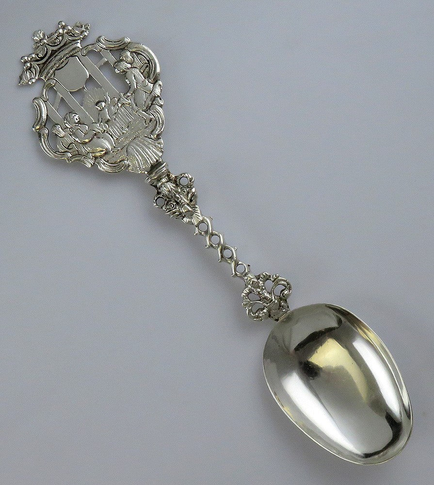 Antique German or Dutch Colonial Silver Large Genre Scene Serving Spoon 8 3/8"