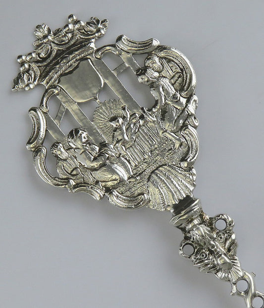 Antique German or Dutch Colonial Silver Large Genre Scene Serving Spoon 8 3/8"