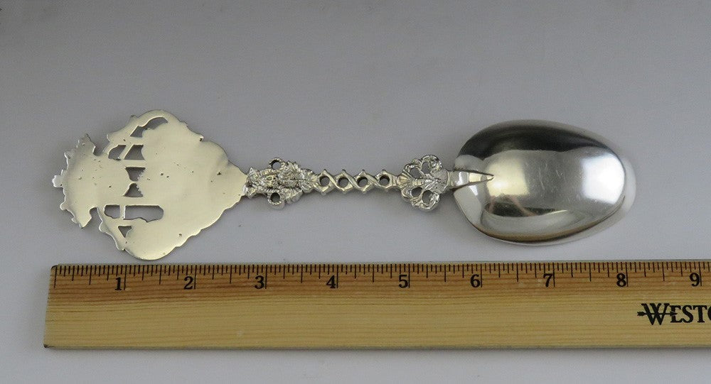 Antique German or Dutch Colonial Silver Large Genre Scene Serving Spoon 8 3/8"