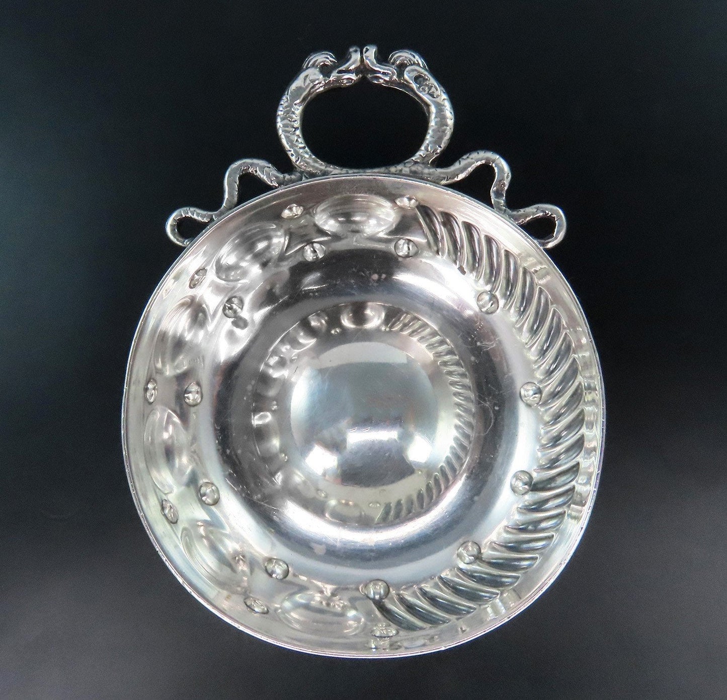 .950 French 1st Standard Silver Tastevin Wine Taster Cup Snake Handle 115 grams