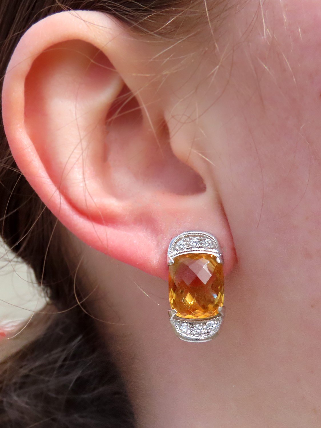Gorgeous Pair 18k White Gold ~12ct Citrine ~.24ct Diamond Earrings