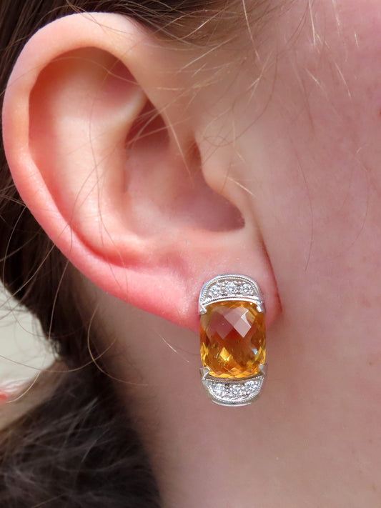 Gorgeous Pair 18k White Gold ~12ct Citrine ~.24ct Diamond Earrings