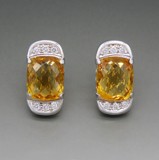 Gorgeous Pair 18k White Gold ~12ct Citrine ~.24ct Diamond Earrings