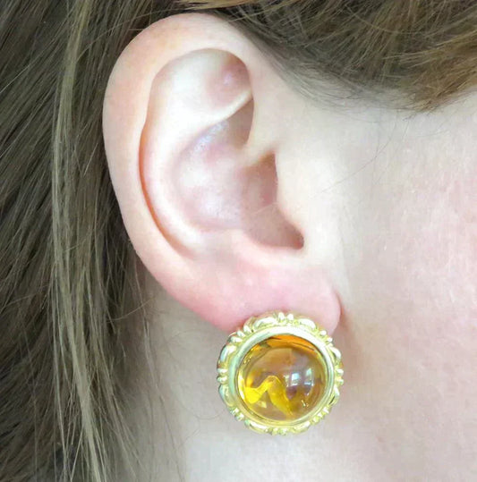 Fine 14K Yellow Gold Natural 16mm Citrine Dome Form Circle Earrings Omega Back