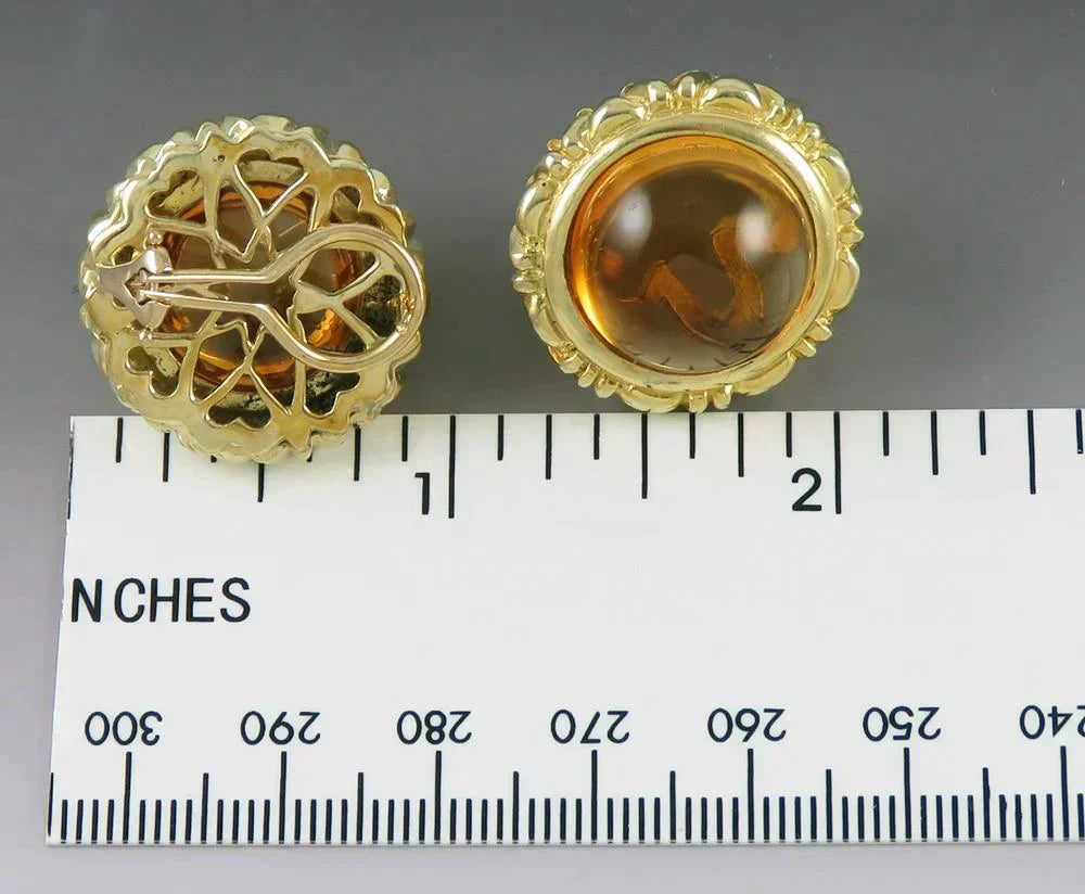 Fine 14K Yellow Gold Natural 16mm Citrine Dome Form Circle Earrings Omega Back