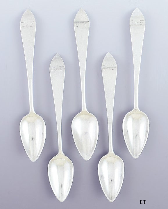 Late 1700s early 1800s set 5 American Coin Silver Coffee / Teaspoons