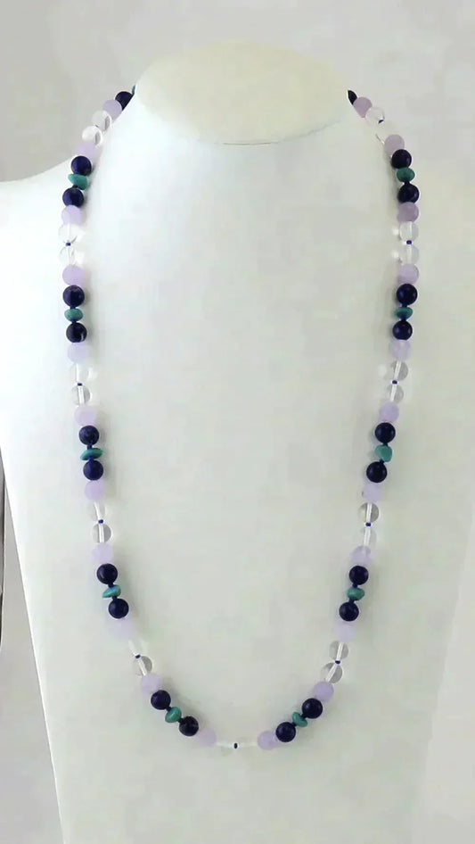 Lapis, Rose Quartz, Rock Crystal & Turquoise Beaded Necklace w Gold Filled Clasp