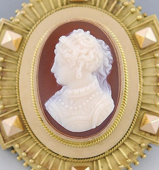 Exceptional Victorian Etruscan Revival 14k Gold Hand Carved Cameo Pendant Brooch