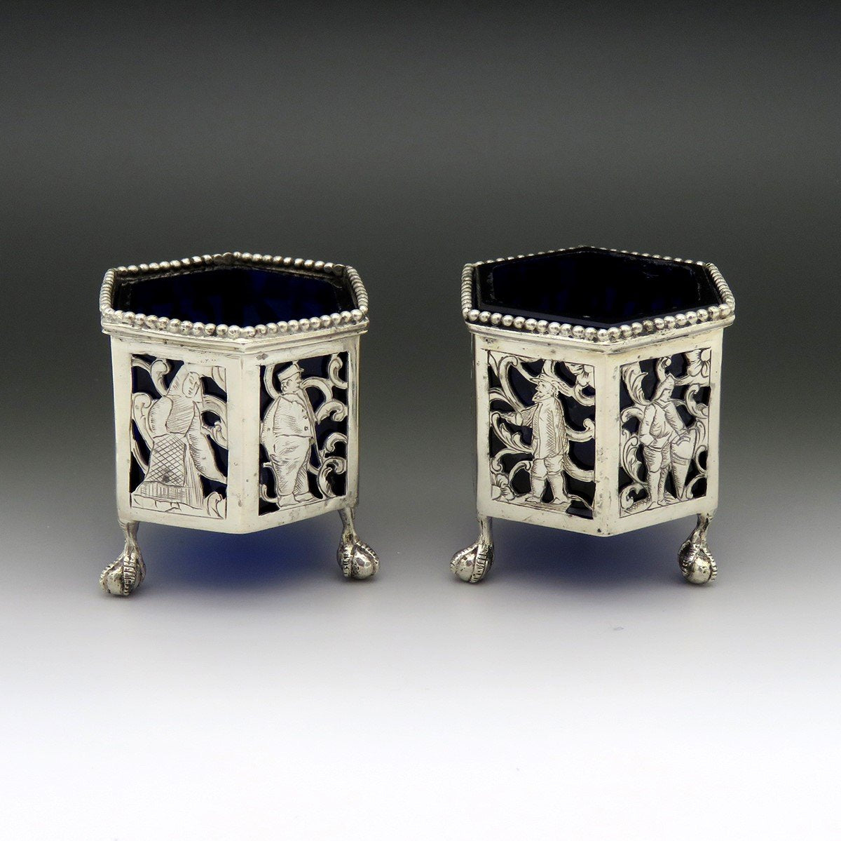 Nice Pair 1800s Dutch Silver Openwork Cobalt Glass Ball Claw Foot Salt Cellars