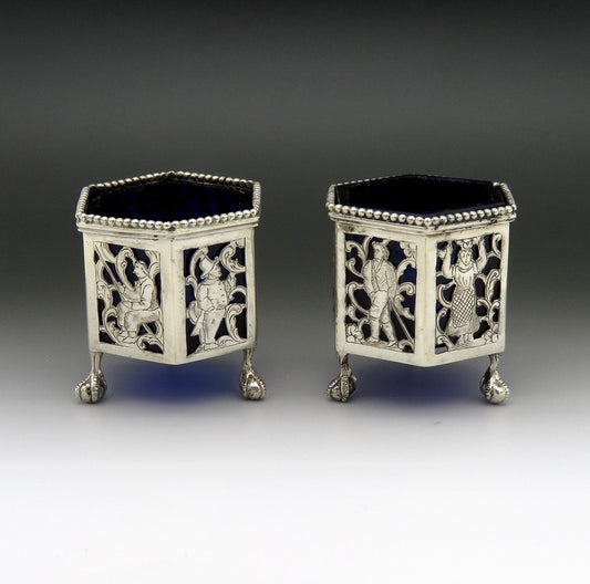 Nice Pair 1800s Dutch Silver Openwork Cobalt Glass Ball Claw Foot Salt Cellars