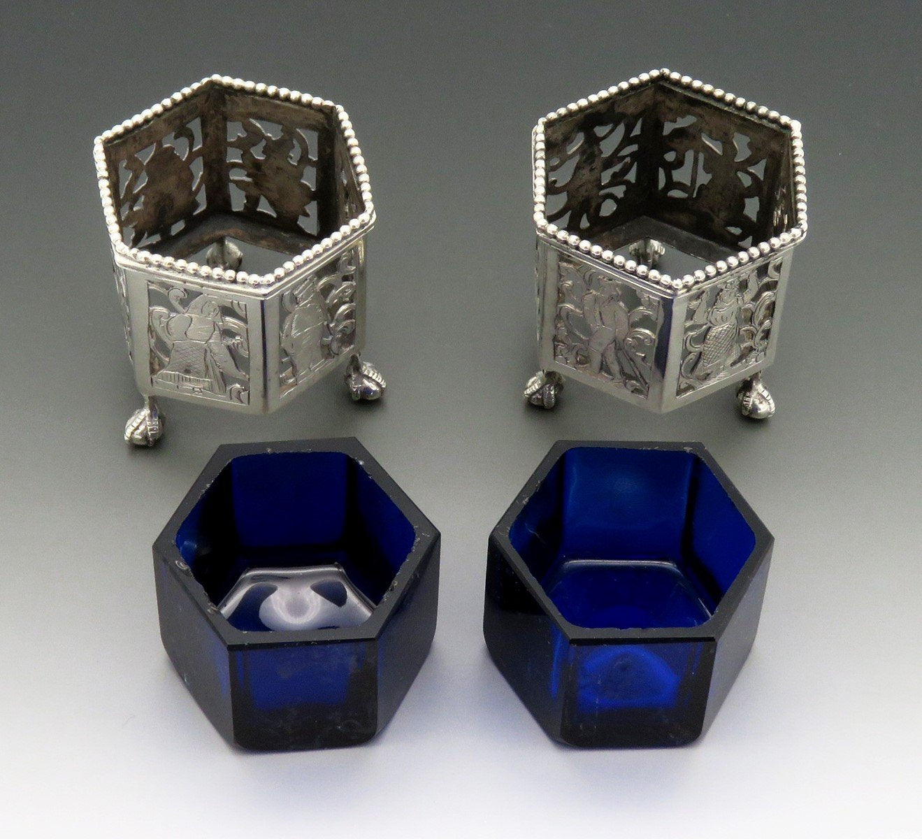 Nice Pair 1800s Dutch Silver Openwork Cobalt Glass Ball Claw Foot Salt Cellars