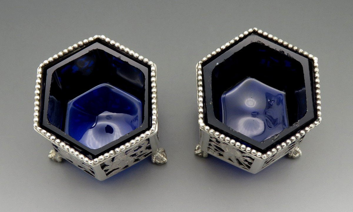 Nice Pair 1800s Dutch Silver Openwork Cobalt Glass Ball Claw Foot Salt Cellars