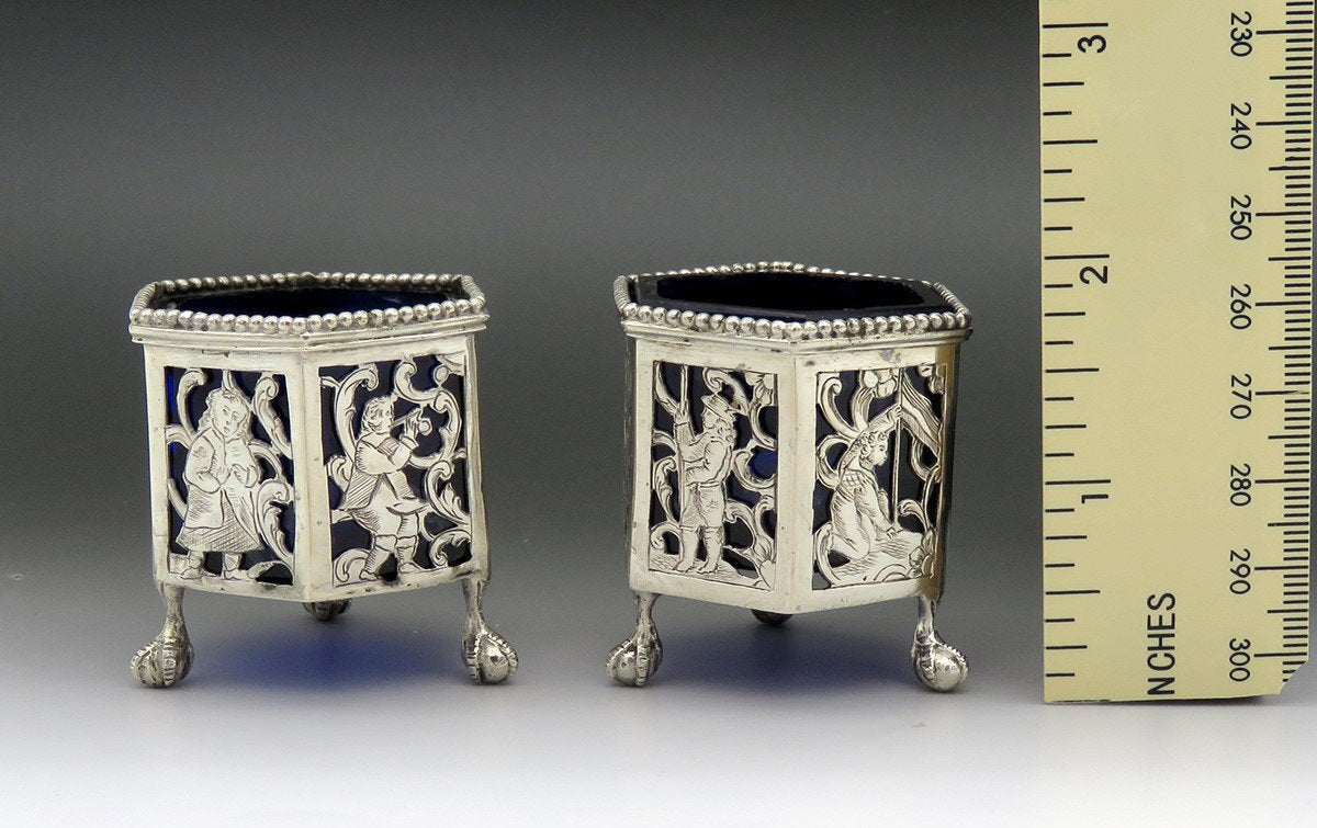 Nice Pair 1800s Dutch Silver Openwork Cobalt Glass Ball Claw Foot Salt Cellars
