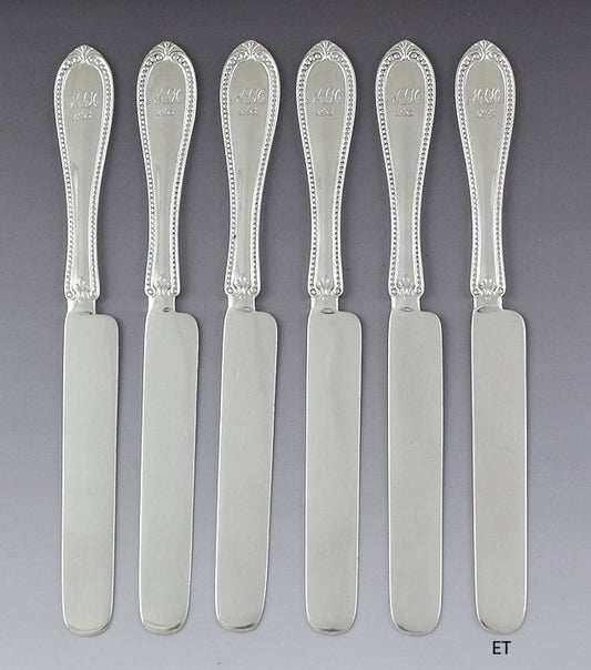 c1853 Great set 6 American Coin Silver Breakfast Knives by Jones, Ball & Co