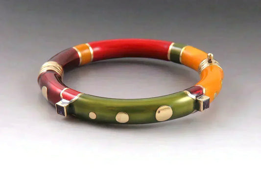 14K Yellow Gold Sterling Silver Amethyst Multi-Colored Enamel Bangle Bracelet