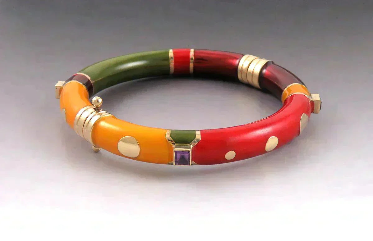 14K Yellow Gold Sterling Silver Amethyst Multi-Colored Enamel Bangle Bracelet