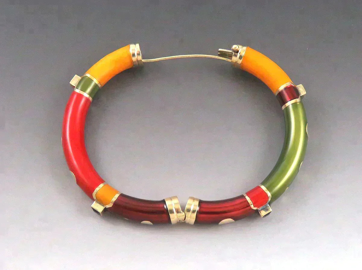 14K Yellow Gold Sterling Silver Amethyst Multi-Colored Enamel Bangle Bracelet