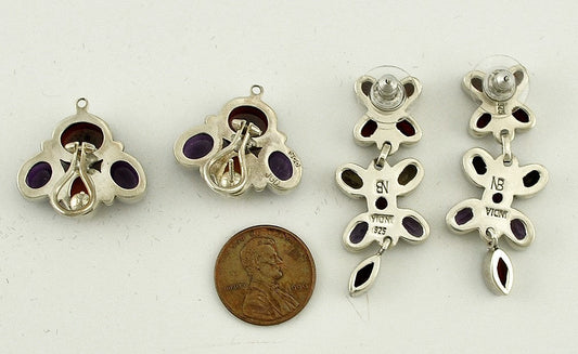 2 Pairs Sterling Silver Earrings Genuine Amethyst Garnet Stones Pierced