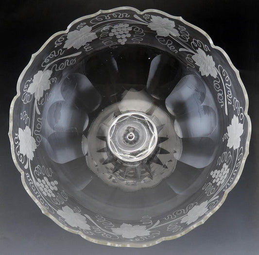 Antique c1850 Engraved Crystal Glass Centerpiece Pedestal Compote Bowl Grapes