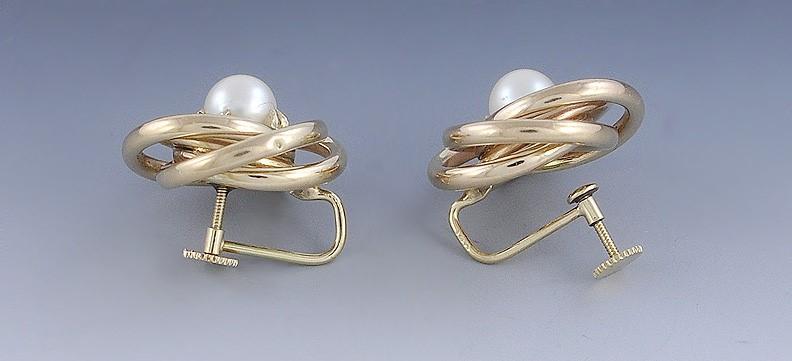 Stylish Retro Pearl & 14K Yellow Gold Spiral Knot Earrings c1950s-60s