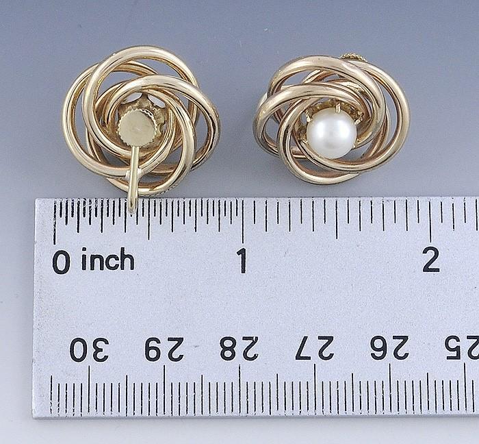 Stylish Retro Pearl & 14K Yellow Gold Spiral Knot Earrings c1950s-60s