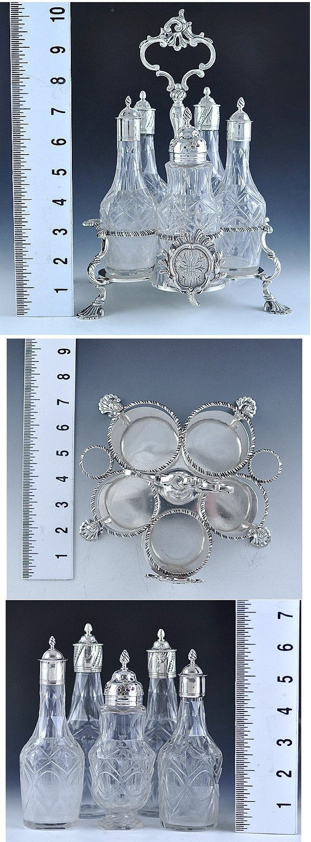 NICE 1768 ENGLISH SILVER & GLASS CONDIMENT SET