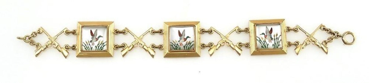 Vintage c1930 14K Yellow Gold & Cooks Crystal Duck Hunting Motif Bracelet 7" 26g