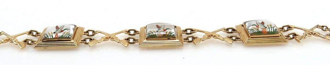 Vintage c1930 14K Yellow Gold & Cooks Crystal Duck Hunting Motif Bracelet 7" 26g