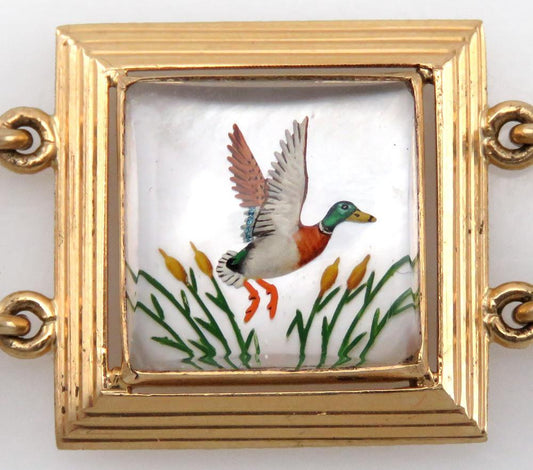 Vintage c1930 14K Yellow Gold & Cooks Crystal Duck Hunting Motif Bracelet 7" 26g