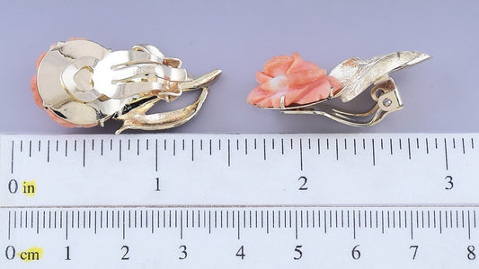 Beautiful pair 14k Gold & Carved Coral Rose Clipback Earrings