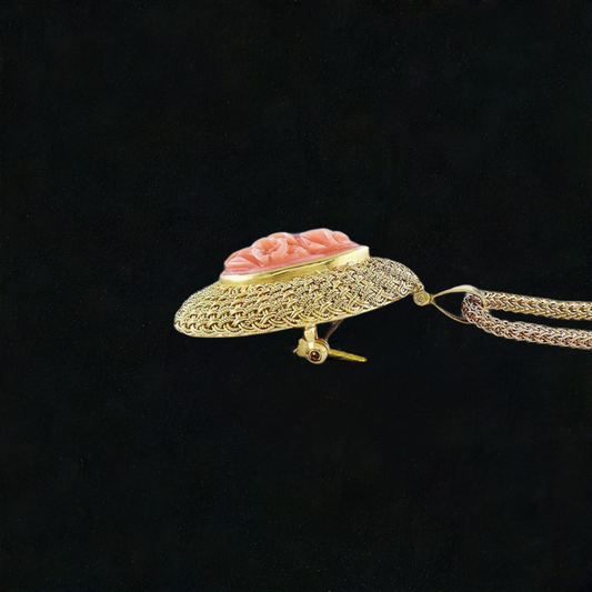 Lovely 18k Gold & Carved Pink Coral Floral Pendant Pin Brooch w/14k Chain