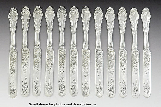 12 Early American c1840 Silver Knives w/ Lovely Engraved Blades