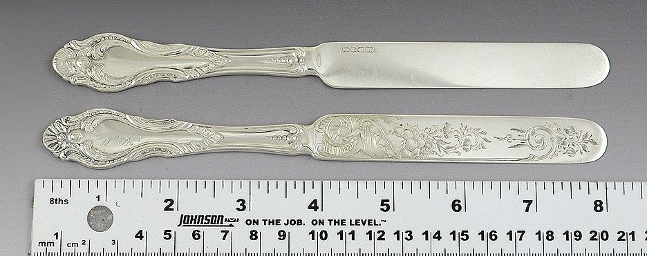 12 Early American c1840 Silver Knives w/ Lovely Engraved Blades