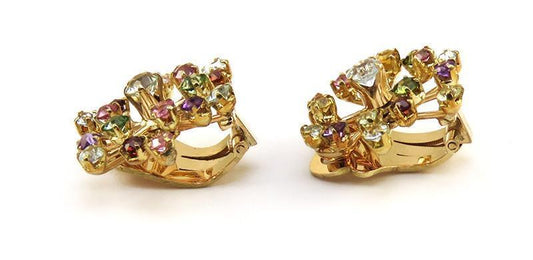Vintage/Retro 18K Gold & Rainbow Gemstone Clip Earrings Peridot Tourmaline Topaz
