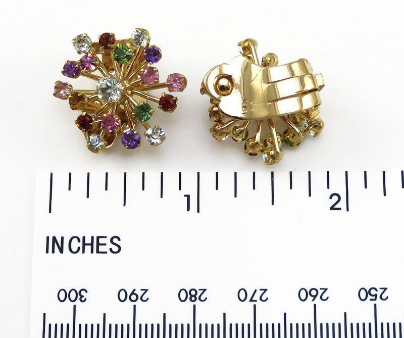 Vintage/Retro 18K Gold & Rainbow Gemstone Clip Earrings Peridot Tourmaline Topaz