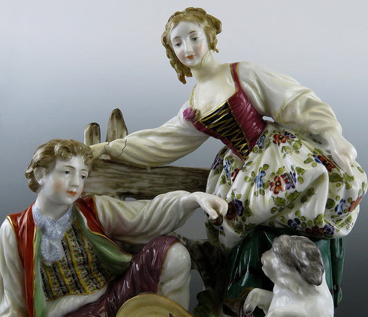 Charming mid 1800s French Porcelain Figural Group Courting Scene Couple and Dog
