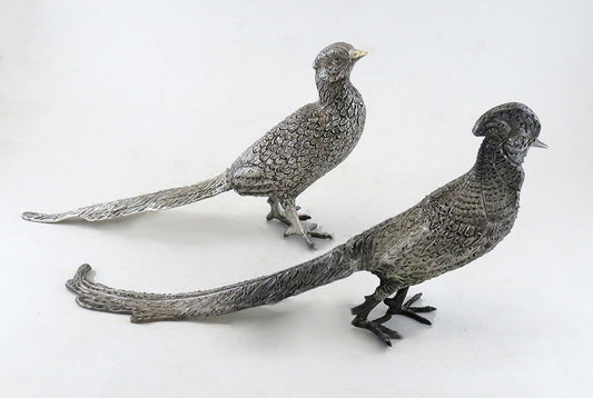 Rare Lifelike Solid Sterling Silver Pair Table Pheasants Heavy Weight