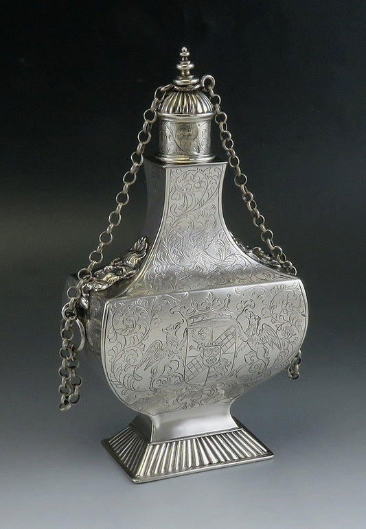 Antique 1850's Dutch Hand Engraved 850 - 900S Silver Flask Repro of 1600's Piece